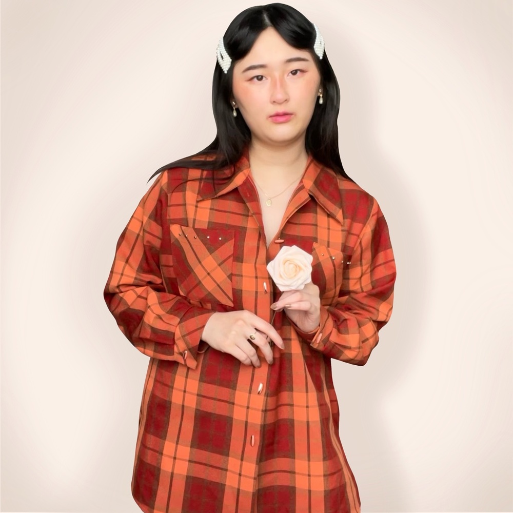 vtg orange plaid button up